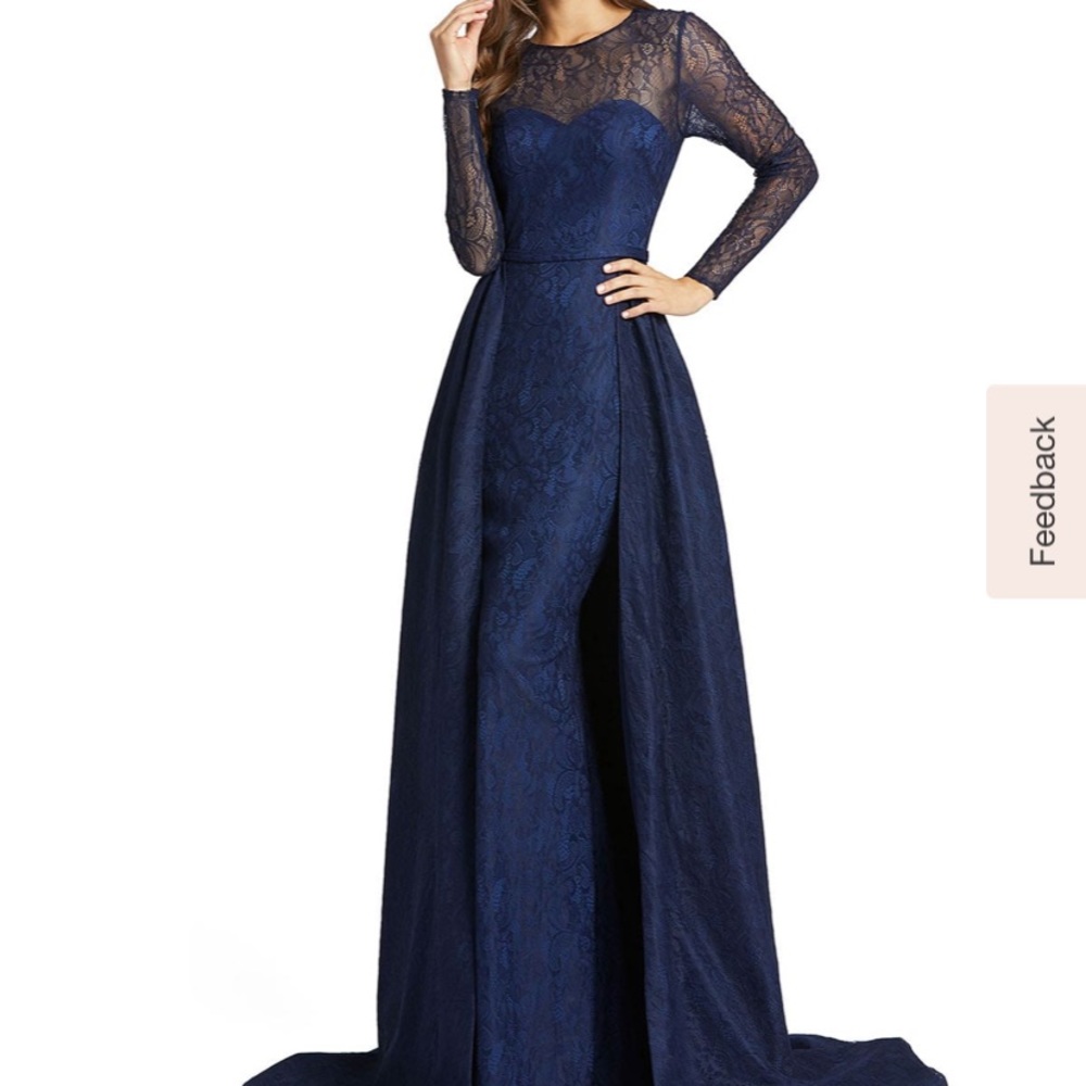 Unworn Mac Duggal lace over skirt gown